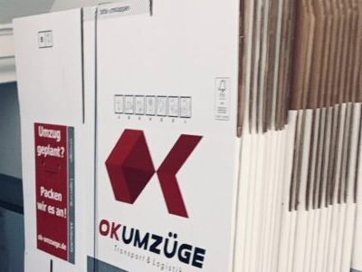 Ein stabiler Umzugskarton von OK Umzüge mit Tragegriffen, der für den Transport von Umzugsgut konzipiert ist. Der Karton bietet eine hohe Tragkraft und ist ideal für Profis, die Wert auf Qualität und Belastbarkeit legen.
